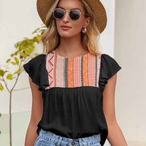 Black Fluttersleeve Top with Front Embroidered Panel